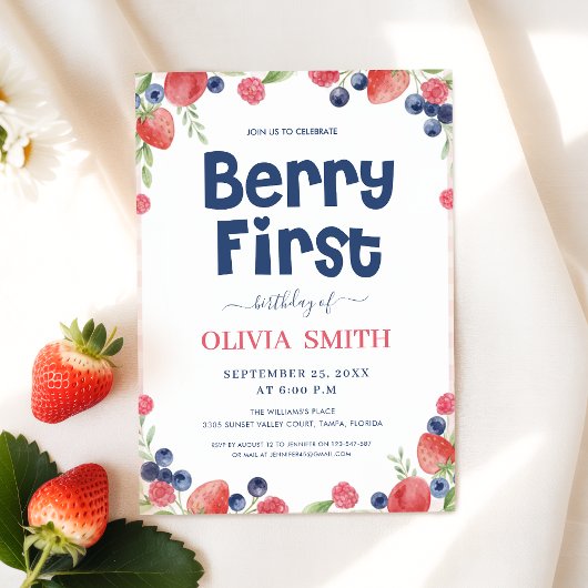 Watercolor Berry First Birthday 1st Birthday  招待状