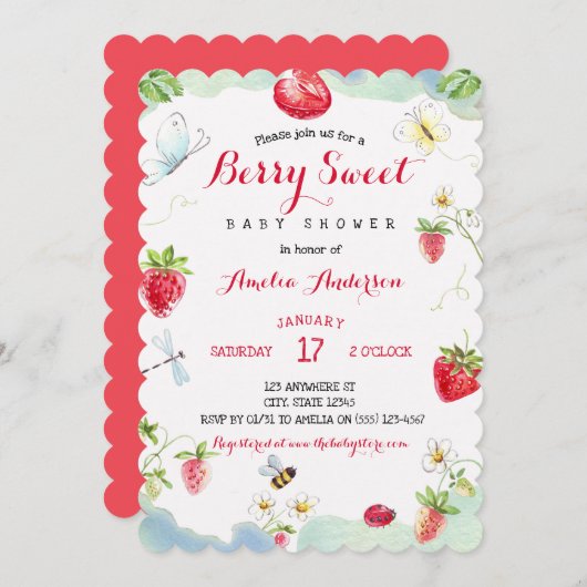 Watercolor Berry Sweet Strawberries Baby Shower 招待状 (正面/裏面)