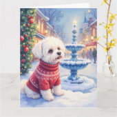 Watercolor Bichon Frise Festive Fountain Christmas カード (黄色い花)