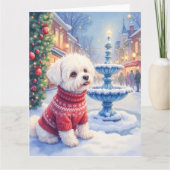 Watercolor Bichon Frise Festive Fountain Christmas カード (正面)