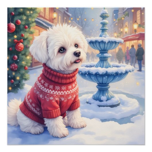 Watercolor Bichon Frise Festive Fountain Christmas ポスター (正面)