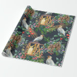 Watercolor Bird and Lantern Design Christmas ラッピングペーパー<br><div class="desc">Christmas wrapping paper depicts a beautiful watercolor design with a bird sitting on a lantern surrounded by pine,  red and purple berries,  winter leaves and holiday decorations with a dramatic black background.*</div>