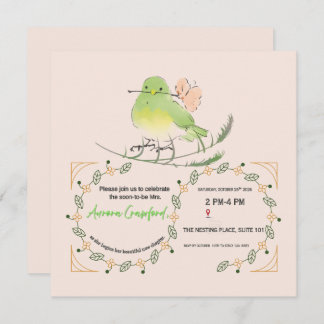 Watercolor Bird and Laurel Leaf Bridal Shower Invi 招待状