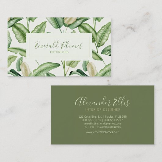 Watercolor Bird of Paradise Leaves Monogram  名刺 (正面/裏面)