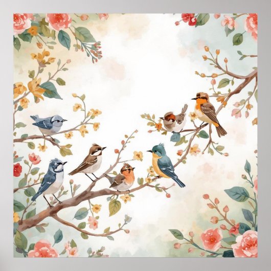 Watercolor Birds in Bloom ポスター (正面)