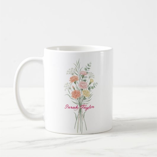 Watercolor Birth Flower Carnation Personalized Mug コーヒーマグカップ (左)