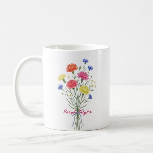 Watercolor Birth Flower Carnation Personalized Mug コーヒーマグカップ (左)