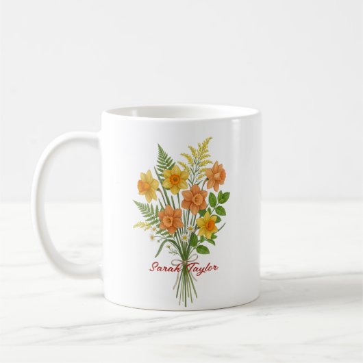 Watercolor Birth Flower Daffodil Personalized Mug コーヒーマグカップ (左)