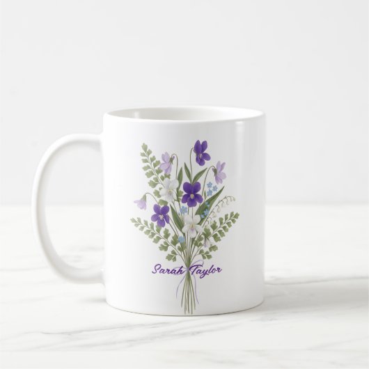 Watercolor Birth Flower Violet Personalized Mug コーヒーマグカップ (左)