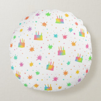 Watercolor Birthday Cake Colorful Paint Splatter ラウンドクッション