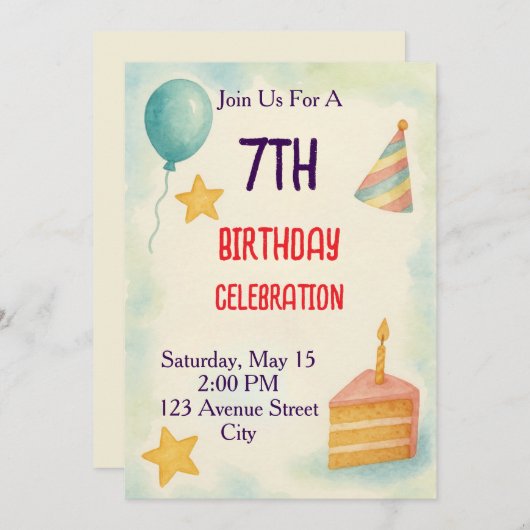 Watercolor Birthday Celebration 招待状 (正面/裏面)