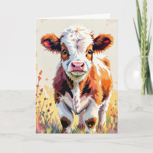 Watercolor Birthday Cow Wearing a Summer Hat カード (正面)
