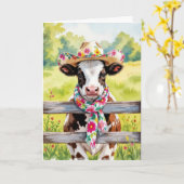 Watercolor Birthday Cow Wearing a Summer Hat カード (黄色い花)