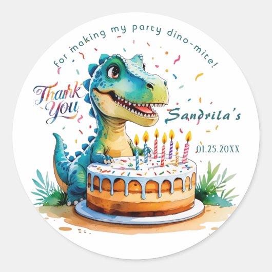 Watercolor BIRTHDAY Dinosaur Sticker  ラウンドシール (正面)
