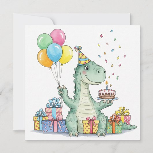 Watercolor Birthday Dinosaur with Party Hat カード (正面)