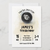 Watercolor Black 8 Ball Billard Party Birthday 招待状 (正面)