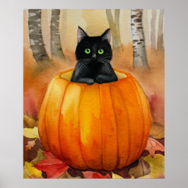 Watercolor Black Cat in Pumpkin Autumn Forest Hall ポスター