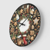Watercolor Black Rustic Christmas Motifs Holiday ラージ壁時計 (傾斜)