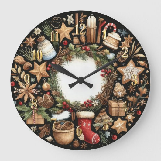 Watercolor Black Rustic Christmas Motifs Holiday ラージ壁時計 (正面)