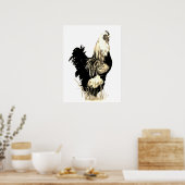 Watercolor Black White Rooster Chicken Farm Bird ポスター (キッチン)