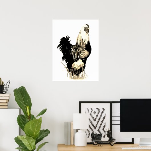 Watercolor Black White Rooster Chicken Farm Bird ポスター (ホームオフィス)