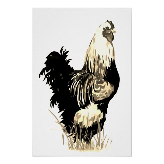Watercolor Black White Rooster Chicken Farm Bird ポスター (正面)