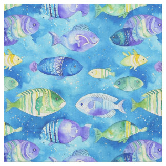 "Watercolor Bleu and Pink Fish Underwater Seamless ファブリック