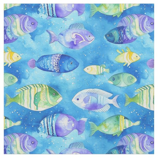 "Watercolor Bleu and Pink Fish Underwater Seamless ファブリック (クローズアップ)