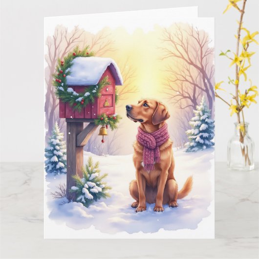 Watercolor Bloodhound Country Mailbox Christmas カード (黄色い花)
