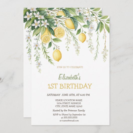 Watercolor Blooming Lemons Birthday  招待状 (正面/裏面)