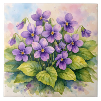 Watercolor Blooming Purple Violets  タイル