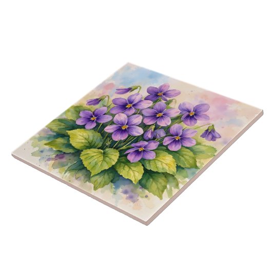 Watercolor Blooming Purple Violets タイル (側面)