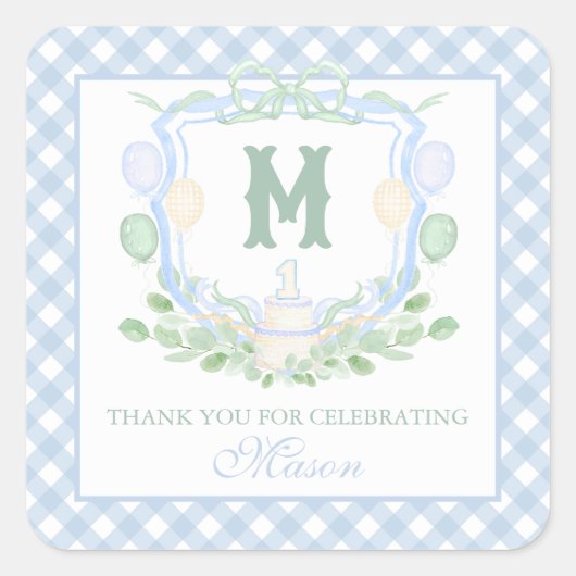 Watercolor Blue 1st Birthday Monogram Crest Gift スクエアシール (正面)