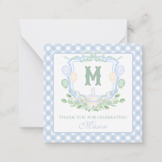 Watercolor Blue 1st Birthday Monogram Crest Gift ノートカード (正面)
