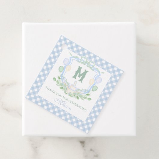 Watercolor Blue 1st Birthday Monogram Crest Gift フェイバータグ (インサイチュ)