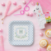 Watercolor Blue 1st Birthday Monogram Crest Party ペーパープレート (パーティー)