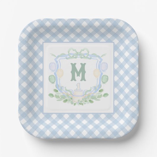 Watercolor Blue 1st Birthday Monogram Crest Party ペーパープレート (正面)