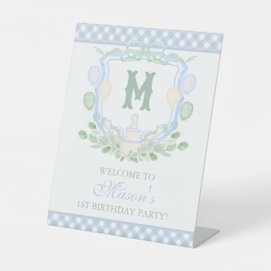 Watercolor Blue 1st Birthday Monogram Crest Party 台座サイン (正面)