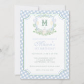 Watercolor Blue 1st Birthday Monogram Crest Party 招待状 (正面)
