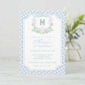 Watercolor Blue 1st Birthday Monogram Crest Party 招待状 (スタンド正面)