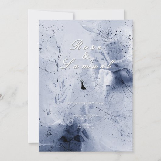 Watercolor Blue Aesthetic Chic Wedding Invitation 招待状 (正面)
