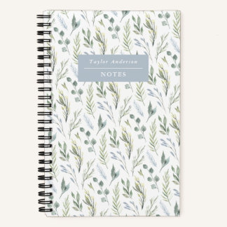 Watercolor Blue and Green Leaves Spiral Notebook ノートブック