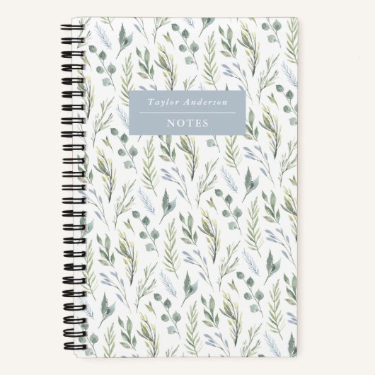 Watercolor Blue and Green Leaves Spiral Notebook ノートブック (正面)