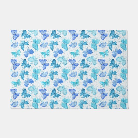 Watercolor Blue and Turquoise Butterflies 2. ドアマット (正面)