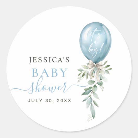 Watercolor Blue Balloon Bow Greenery Baby Shower ラウンドシール (正面)
