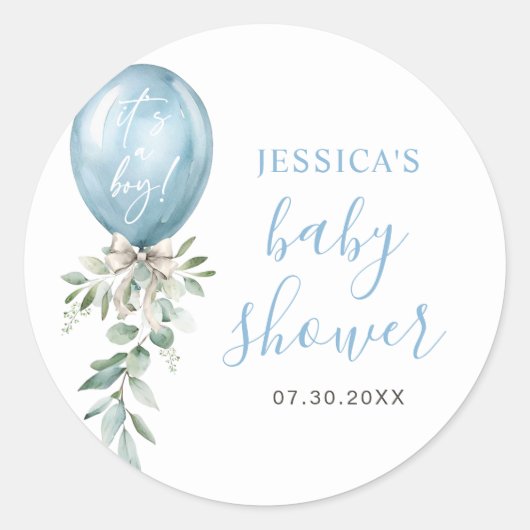 Watercolor Blue Balloon Greenery Baby Shower ラウンドシール (正面)