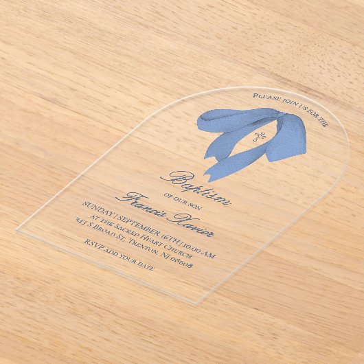 watercolor blue bow Baptism アクリル招待状 (レイダウン)