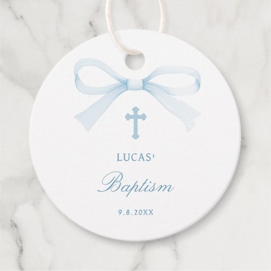Watercolor Blue Bow Baptism フェイバータグ (正面)