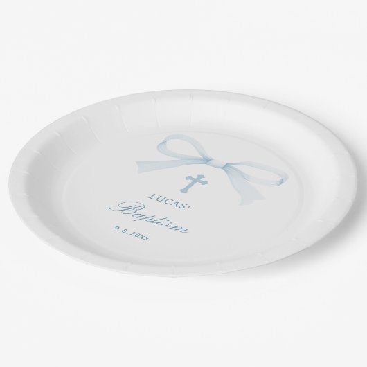 Watercolor Blue Bow Baptism ペーパープレート (アングル)