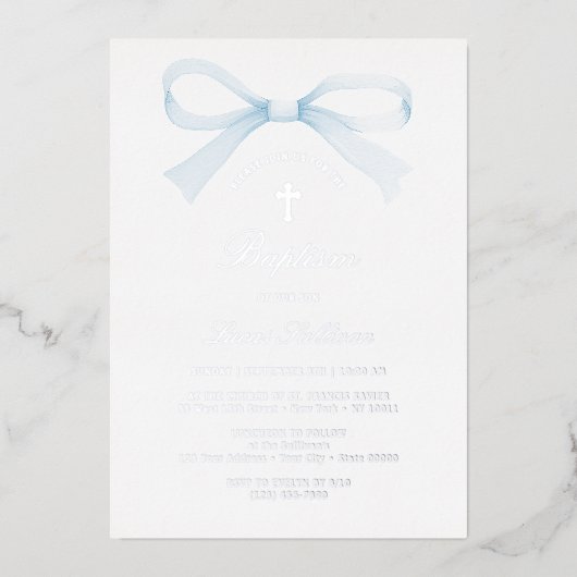 Watercolor Blue Bow Baptism 箔招待状 (正面)